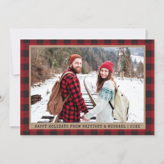 タイプライターフォントクリスマスフォトクラフトレッドプレイド シーズンカード (正面)