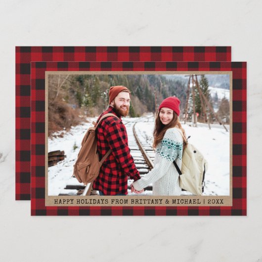 タイプライターフォントクリスマスフォトクラフトレッドプレイド シーズンカード (正面/裏面)