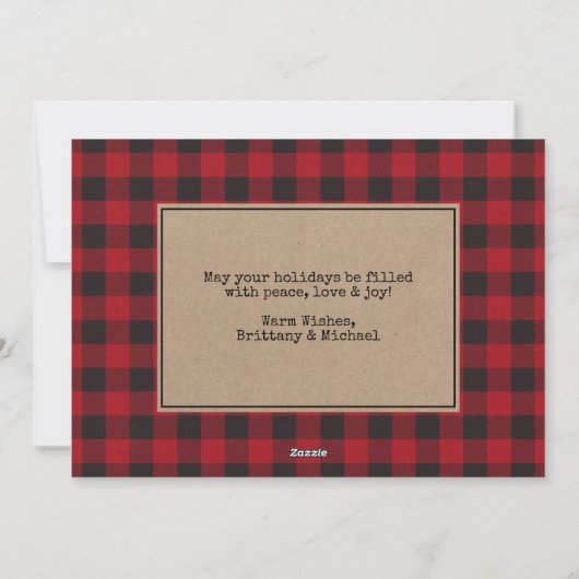 タイプライターフォントクリスマスフォトクラフトレッドプレイド シーズンカード (裏面)