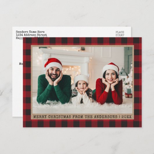 タイプライターフォントクリスマスフォトレッドプレイドクラフト ポストカード (正面/裏面)
