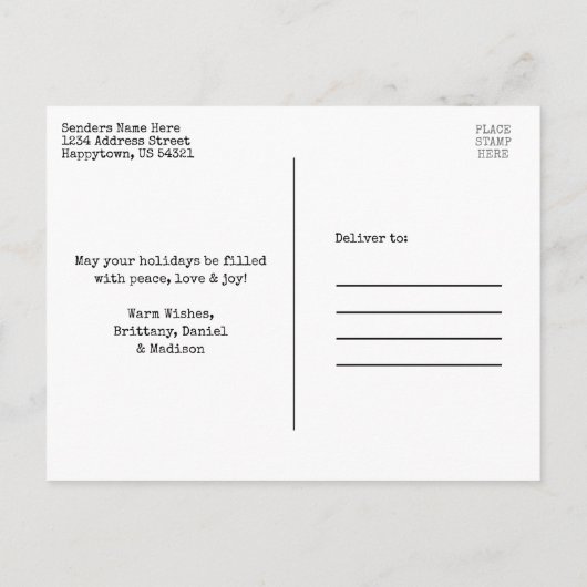 タイプライターフォントクリスマスフォトレッドプレイドクラフト ポストカード (裏面)