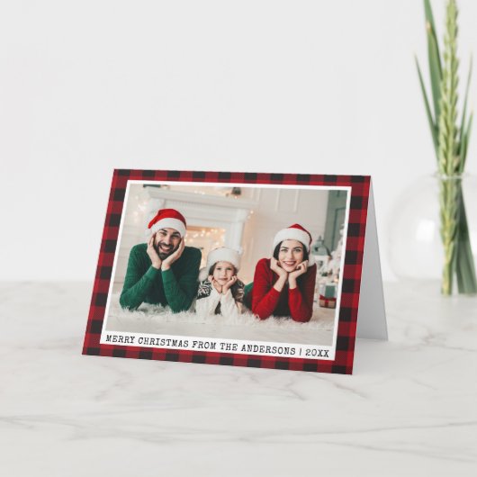 タイプライターフォントクリスマスフォトレッドプレイドフォールド シーズンカード (正面)