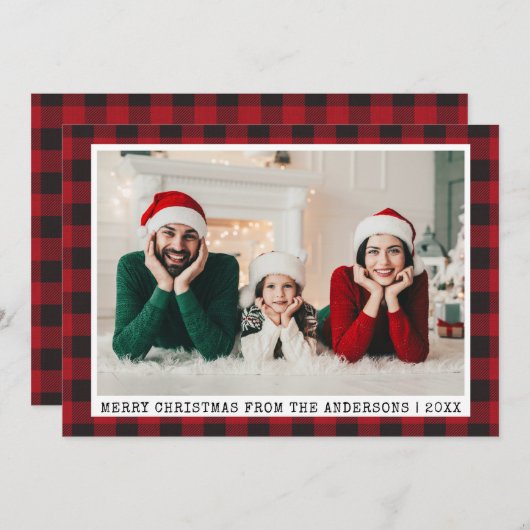 タイプライターフォントクリスマスフォトレッドプレイド シーズンカード (正面/裏面)