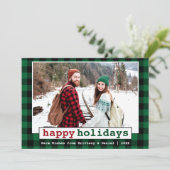 タイプライターフォントハッピーホリデーズフォトグリーンプレイド シーズンカード (スタンド正面)