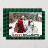 タイプライターフォントハッピーホリデーズフォトグリーンプレイド シーズンカード (正面/裏面)