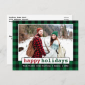 タイプライターフォントハッピーホリデーズフォトグリーンプレイド ポストカード (正面/裏面)