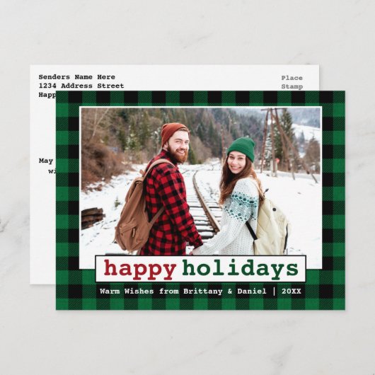 タイプライターフォントハッピーホリデーズフォトグリーンプレイド ポストカード (正面/裏面)