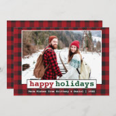 タイプライターフォントハッピーホリデーズフォトレッドプレイド シーズンカード (正面/裏面)
