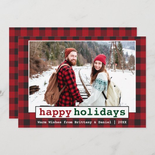 タイプライターフォントハッピーホリデーズフォトレッドプレイド シーズンカード (正面/裏面)