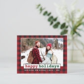 タイプライターフォントハッピーホリデーズフォトレッドプレイド ポストカード (スタンド正面)