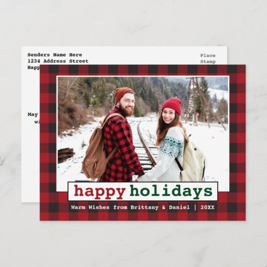 タイプライターフォントハッピーホリデーズフォトレッドプレイド ポストカード (正面/裏面)
