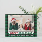 タイプライターフォントメリークリスマスフォトグリーンプレイド シーズンカード (スタンド正面)