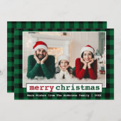 タイプライターフォントメリークリスマスフォトグリーンプレイド シーズンカード (正面/裏面)