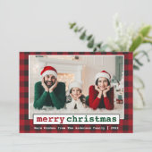 タイプライターフォントメリークリスマスフォトレッドプレイド シーズンカード (スタンド正面)