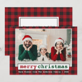 タイプライターフォントメリークリスマスフォトレッドプレイド シーズンカード (正面/裏面)