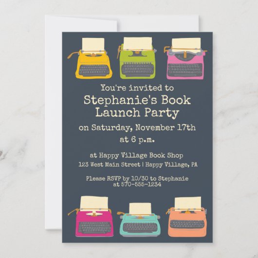 タイプライターブックローチ、文学的なテーマのパーティー 招待状 (正面)