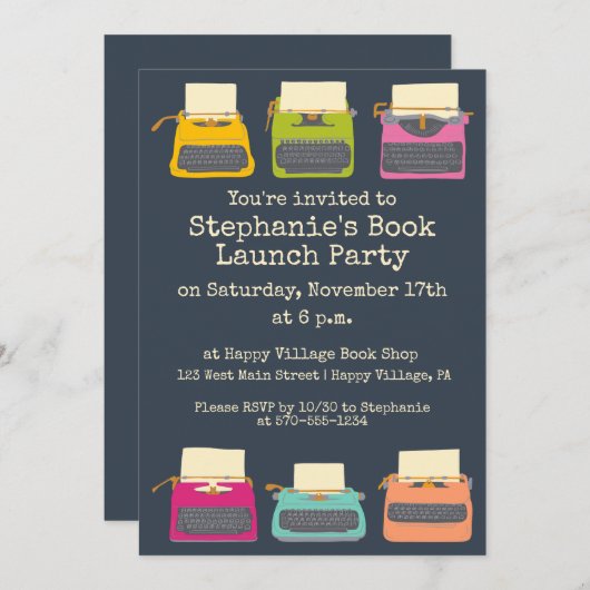 タイプライターブックローチ、文学的なテーマのパーティー 招待状 (正面/裏面)