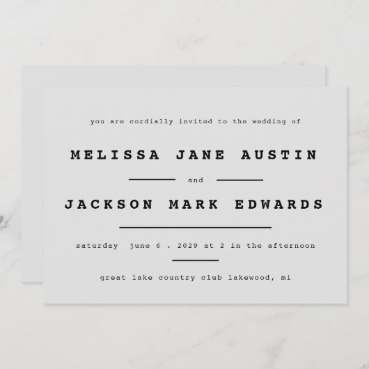 タイプライターミニマリズムの石結婚灰色 招待状 (正面/裏面)