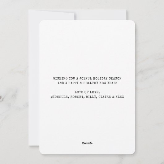 タイプライターモダンスクリプトクリスマスフォトホリデー シーズンカード (裏面)