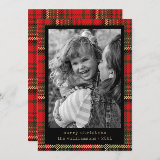 タイプライターモダンレッドと金ゴールドの格子模様の写真 シーズンカード (正面/裏面)