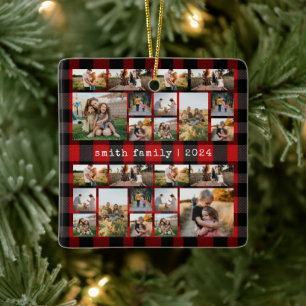 タイプライターレッドプレイドファミリーフォトコラージュ セラミックオーナメント