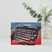 タイプライター付きブルーレッドアーポップ・アートのト ポストカード (スタンド正面)