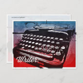 タイプライター付きブルーレッドアーポップ・アートのト ポストカード (正面/裏面)