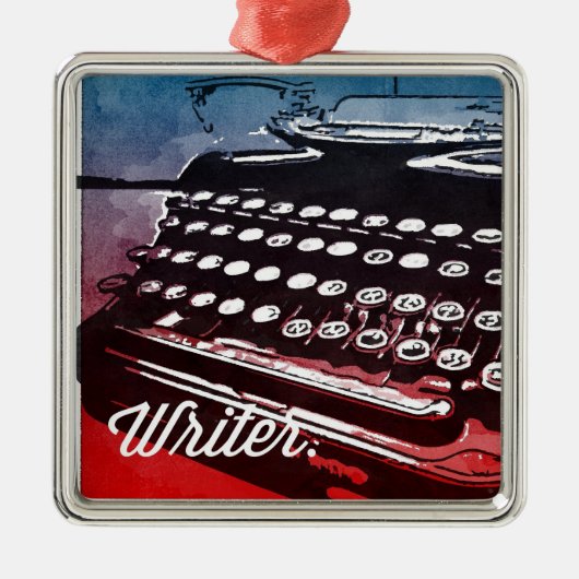 タイプライター付きブルーレッドアーポップ・アートのト メタルオーナメント (正面)