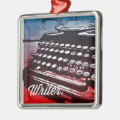 タイプライター付きブルーレッドアーポップ・アートのト メタルオーナメント (左)