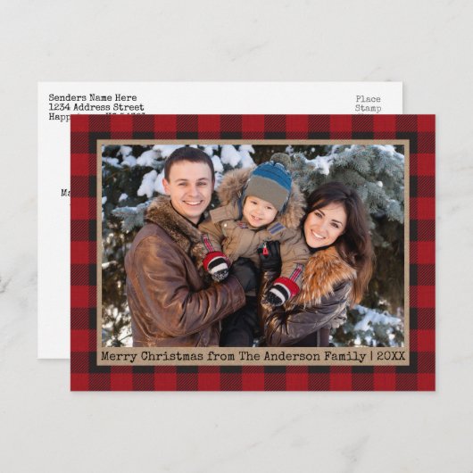 タイプライター文字プレイドクリスマスファミリーフォトクラフト ポストカード (正面/裏面)