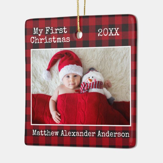 タイプライター文字プレイドマイ初めてのクリスマスベビー セラミックオーナメント (左)