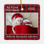 タイプライター文字プレイドマイ初めてのクリスマスベビー セラミックオーナメント (正面)