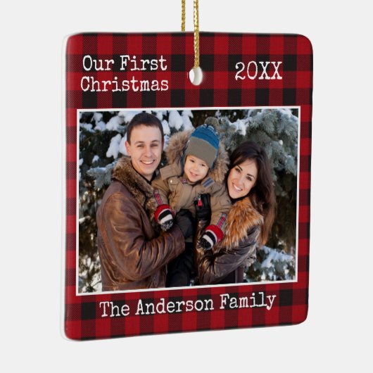 タイプライター文字プレイド初めてのクリスマスファミリーフォト セラミックオーナメント (右)