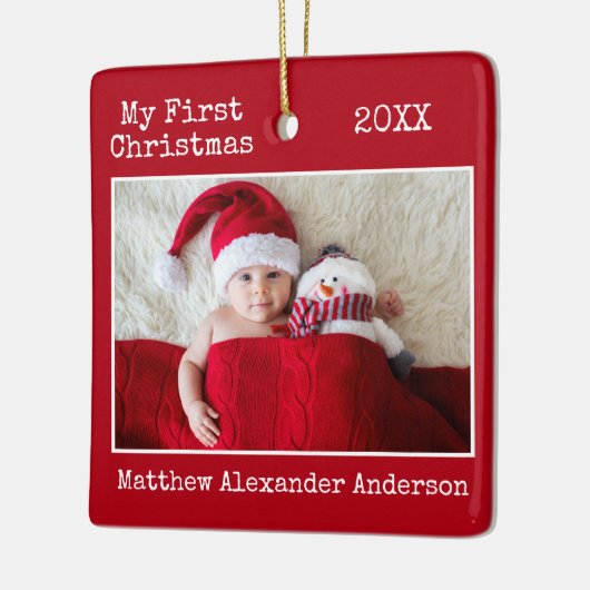 タイプライター文字マイ初めてのクリスマスベビーレッド セラミックオーナメント (左)