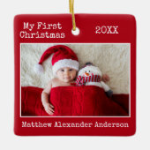 タイプライター文字マイ初めてのクリスマスベビーレッド セラミックオーナメント (正面)
