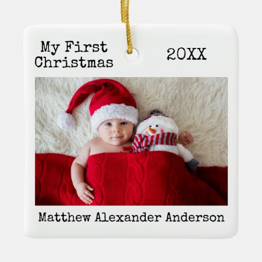 タイプライター文字マイ初めてのクリスマスベビー セラミックオーナメント (正面)