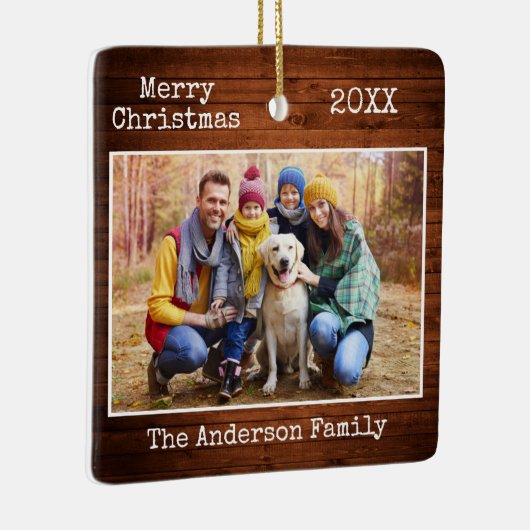タイプライター文字メリークリスマスウッドファミリーフォト セラミックオーナメント (右)