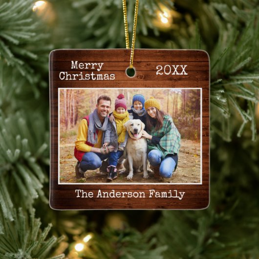 タイプライター文字メリークリスマスウッドファミリーフォト セラミックオーナメント (ツリー)