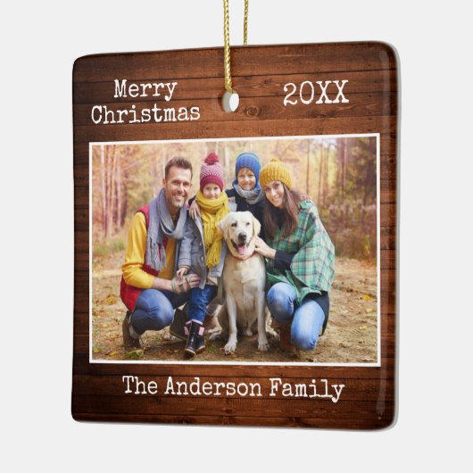 タイプライター文字メリークリスマスウッドファミリーフォト セラミックオーナメント (左)