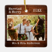 タイプライター文字メリークリスマスウッド結婚ズの写真 セラミックオーナメント (正面)