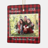 タイプライター文字メリークリスマスファミリー写真プレイド セラミックオーナメント (左)