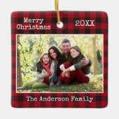 タイプライター文字メリークリスマスファミリー写真プレイド セラミックオーナメント (正面)