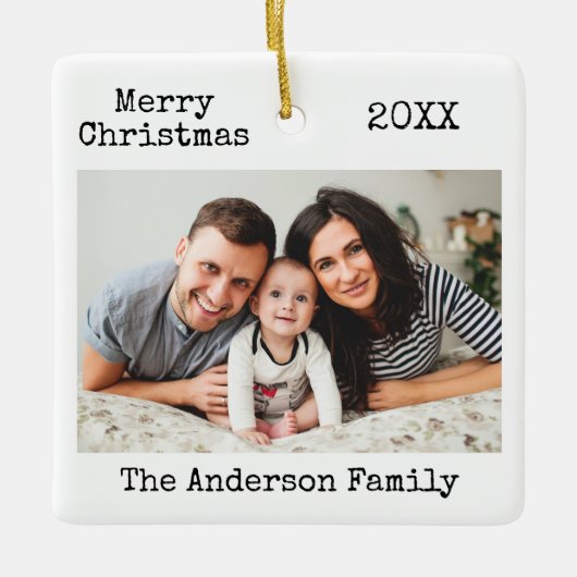 タイプライター文字メリークリスマスファミリー写真 セラミックオーナメント (正面)