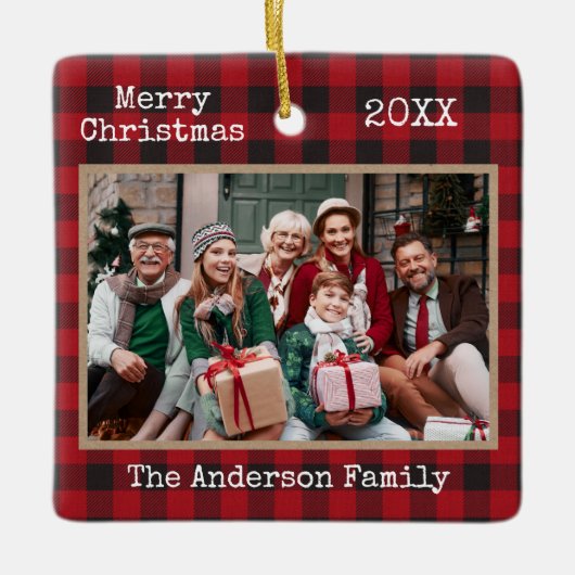 タイプライター文字メリークリスマスフォトクラフトプレイド セラミックオーナメント (正面)