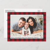 タイプライター文字レッドプレイドファミリーフォトホリデー ポストカード (正面/裏面)