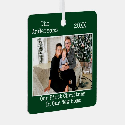 タイプライター文字初めてのクリスマスニューホームグリーン メタルオーナメント (正面右)