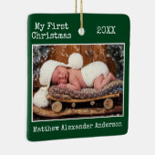 タイプライター文字初めてのクリスマスベビーフォトグリーン セラミックオーナメント (右)