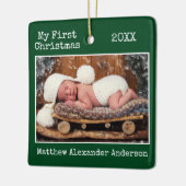 タイプライター文字初めてのクリスマスベビーフォトグリーン セラミックオーナメント (左)