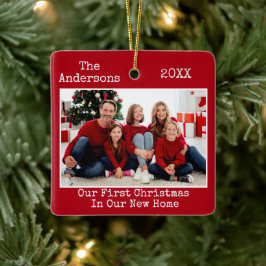 タイプライター文字初めてのクリスマス新しいホームフォトレッド セラミックオーナメント