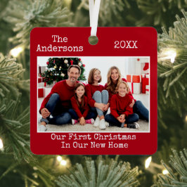 タイプライター文字初めてのクリスマス新しいホームフォトレッド メタルオーナメント